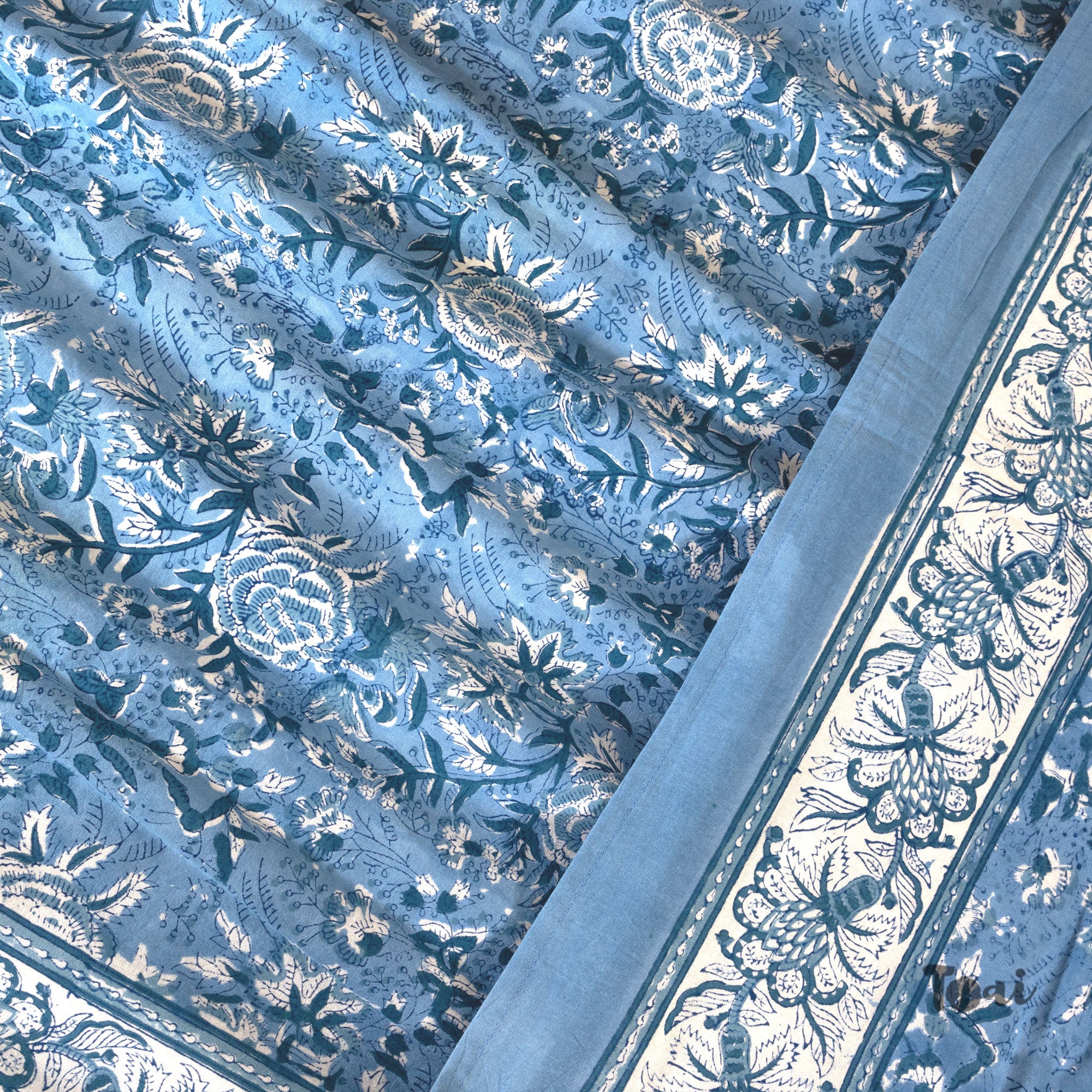 White Roses on Blue |hand block printed bedsheet| Double bed ,Queen size | 210 TC Pure Cotton| Complementing pillow covers