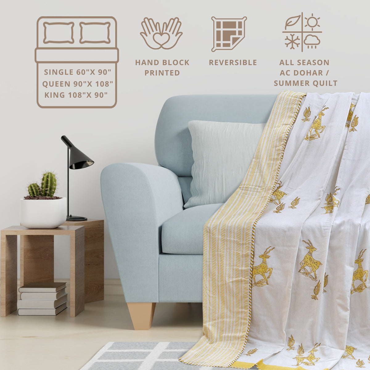 Yellow Kalamkari Deer | Dohar | Summer Blanket