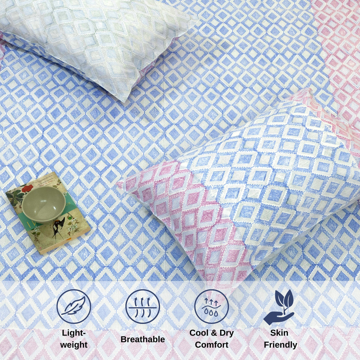 Vintage Lines Checks |Blue Pink| Premium Bedsheet
