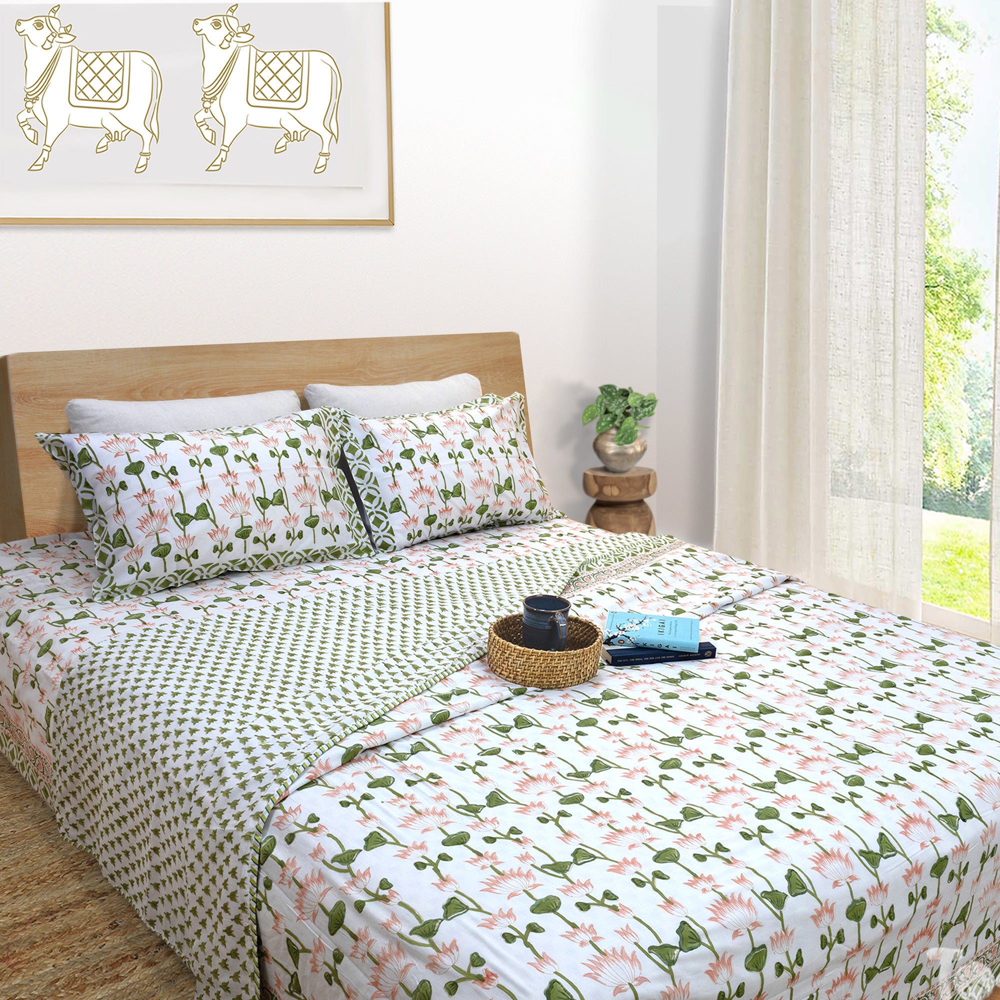 Lotus Vines |  All- Season Bedding Set | Premium Bedsheet , Pillow Covers, Dohar