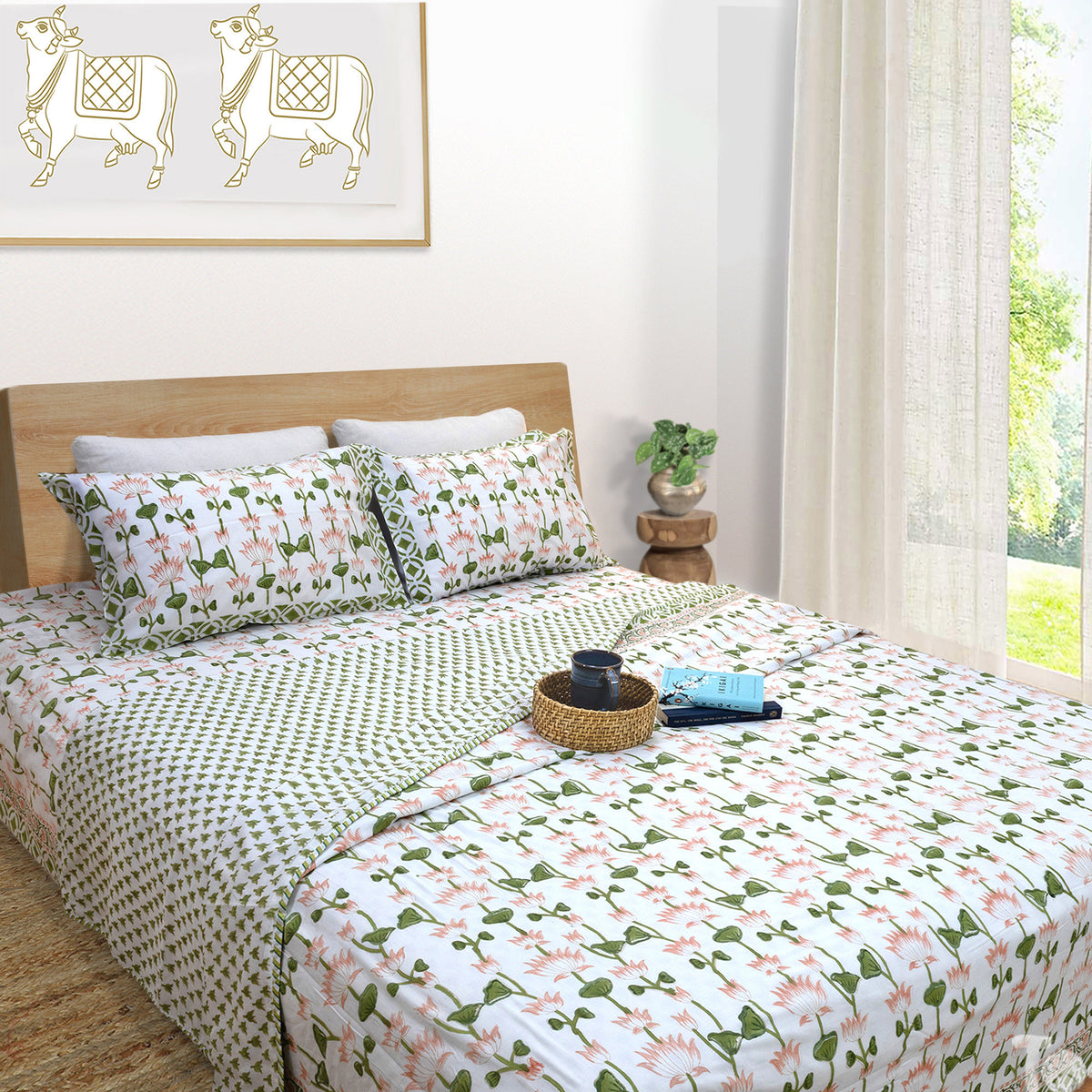 Lotus Vines |  All- Season Bedding Set | Premium Bedsheet , Pillow Covers, Dohar