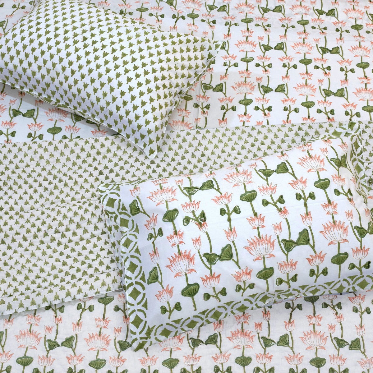 Lotus Vines| Comforter Bedding Set | Premium Bedsheet , Pillow Covers, Quilt / Razai