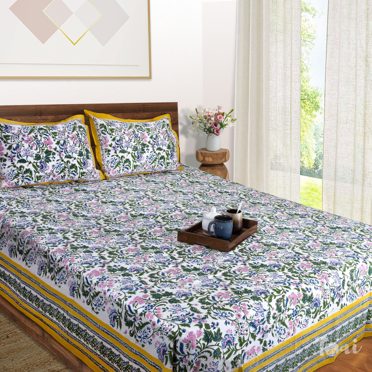 Florals on White |hand block printed bedsheet| Double bed: Queen size, King Size | 300 TC Premium Pure Cotton| Complementing pillow covers