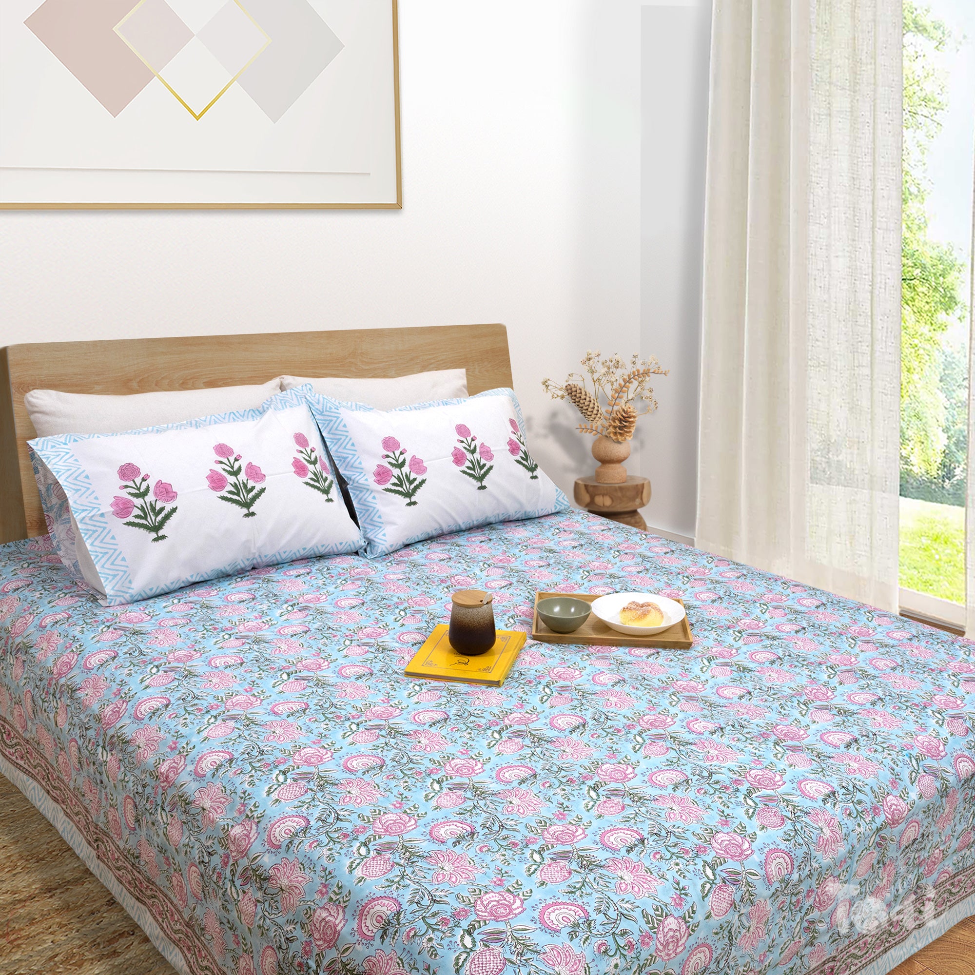 Pink Flowers on Blue -Double Bed Bedding Set
