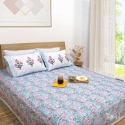 Pink Florals on Blue  |  Premium Bedsheet