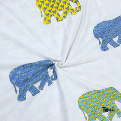 Elephant White Blue Green Yellow | Pure Mulmul Cotton | Flannel filling