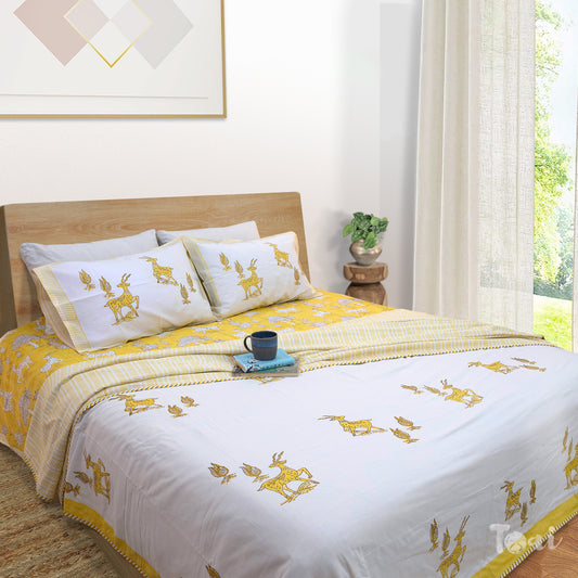 Yellow Deer Kalamkari Bedding Set | 300TC Bedsheet | 2 Pillow Covers | Mulmul Cotton Dohar