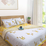 Yellow Deer Kalamkari Bedding Set | 300TC Bedsheet | 2 Pillow Covers | Mulmul Cotton Dohar