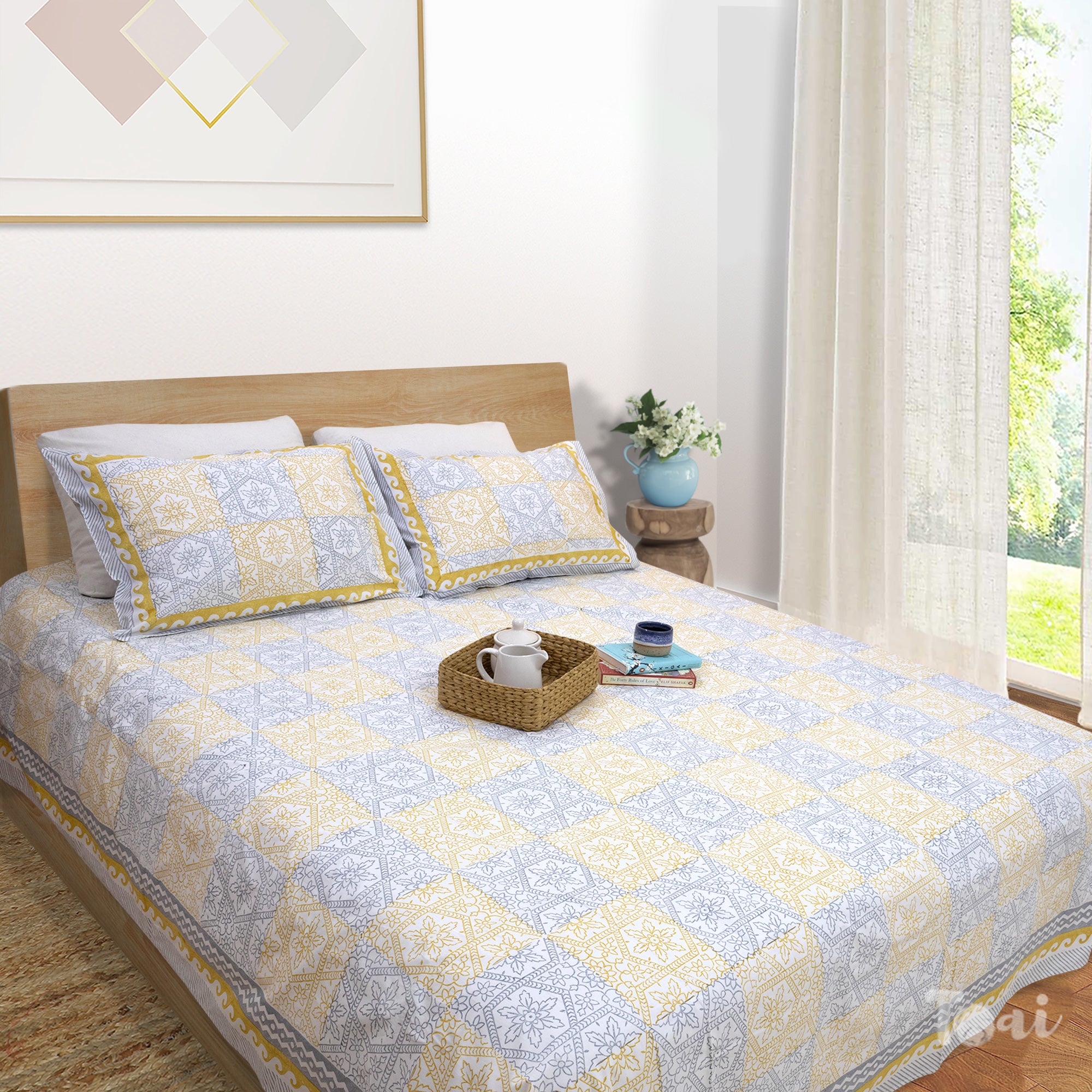 Yellow Grey Pattern| Premium Bedsheet