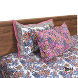 Purple, Pink florals on White |hand block printed bedsheet| Double bed ,Queen size | 210 TC Pure Cotton| Complementing pillow covers