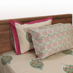 Paan Motive On Beige |hand block printed bedsheet| Double bed: Queen size, King Size | 300 TC Premium Pure Cotton| Complementing pillow covers
