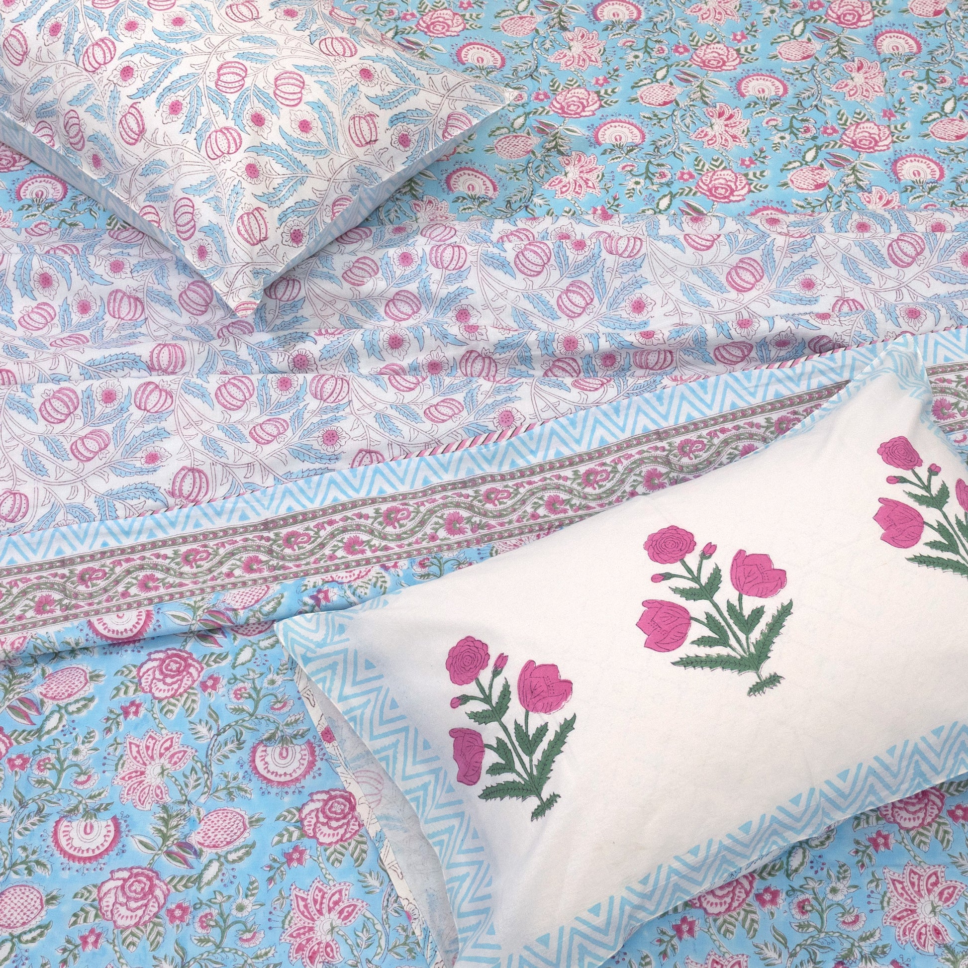 Pink Flowers on Blue -All season Bedsheet with Pillows