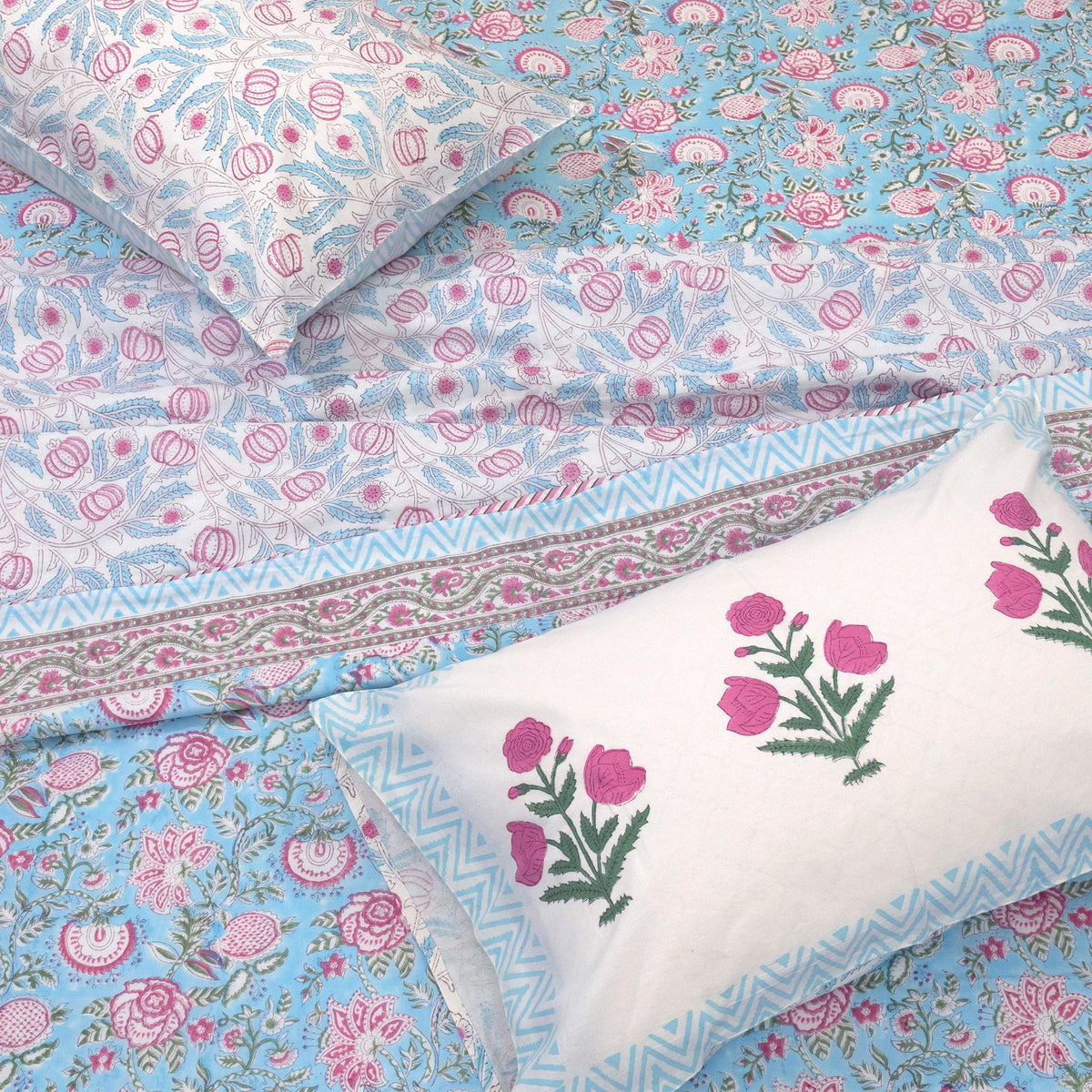 Pink Flowers on Blue |All- Season Bedding Set | Premium Bedsheet , Pillow Covers, Dohar