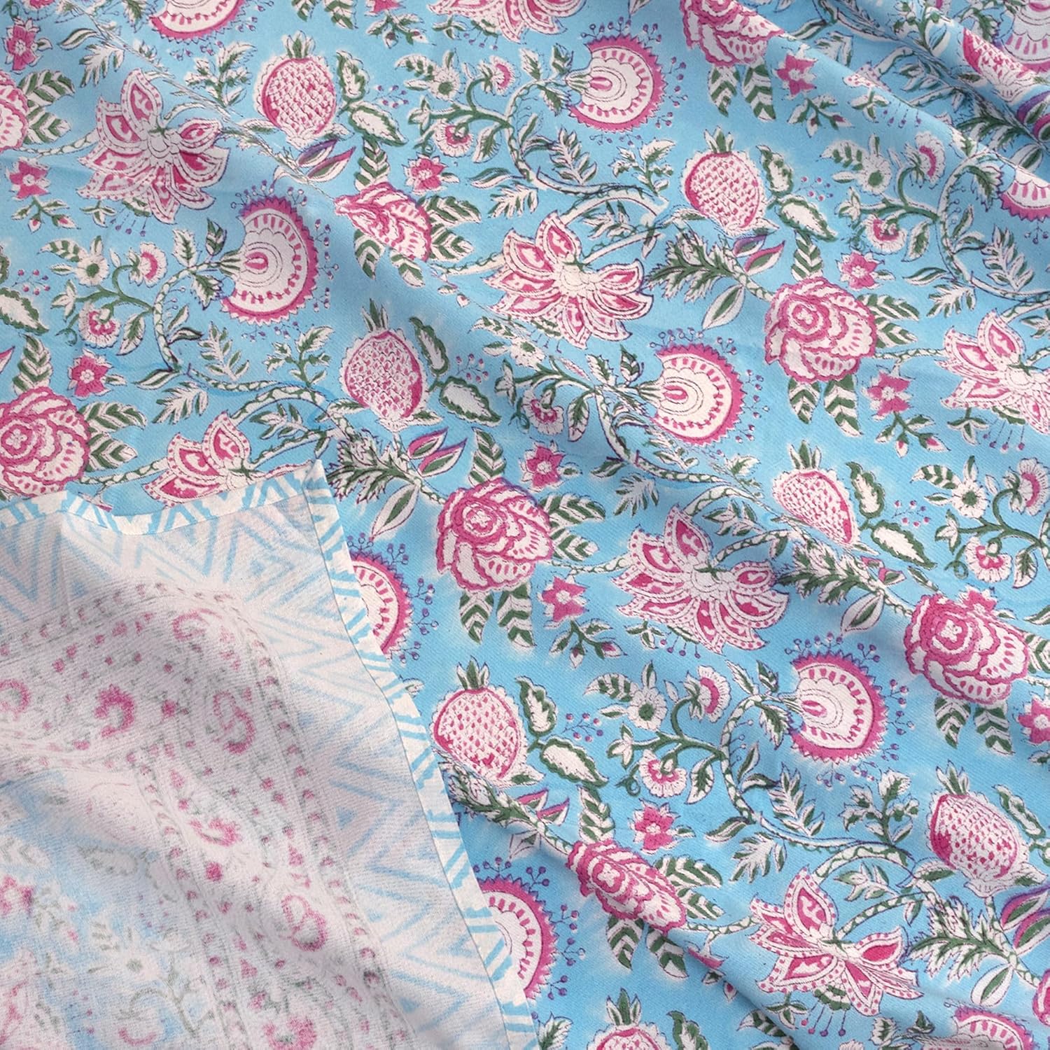 Pink Flowers on Blue -Block Printed Bedding Set