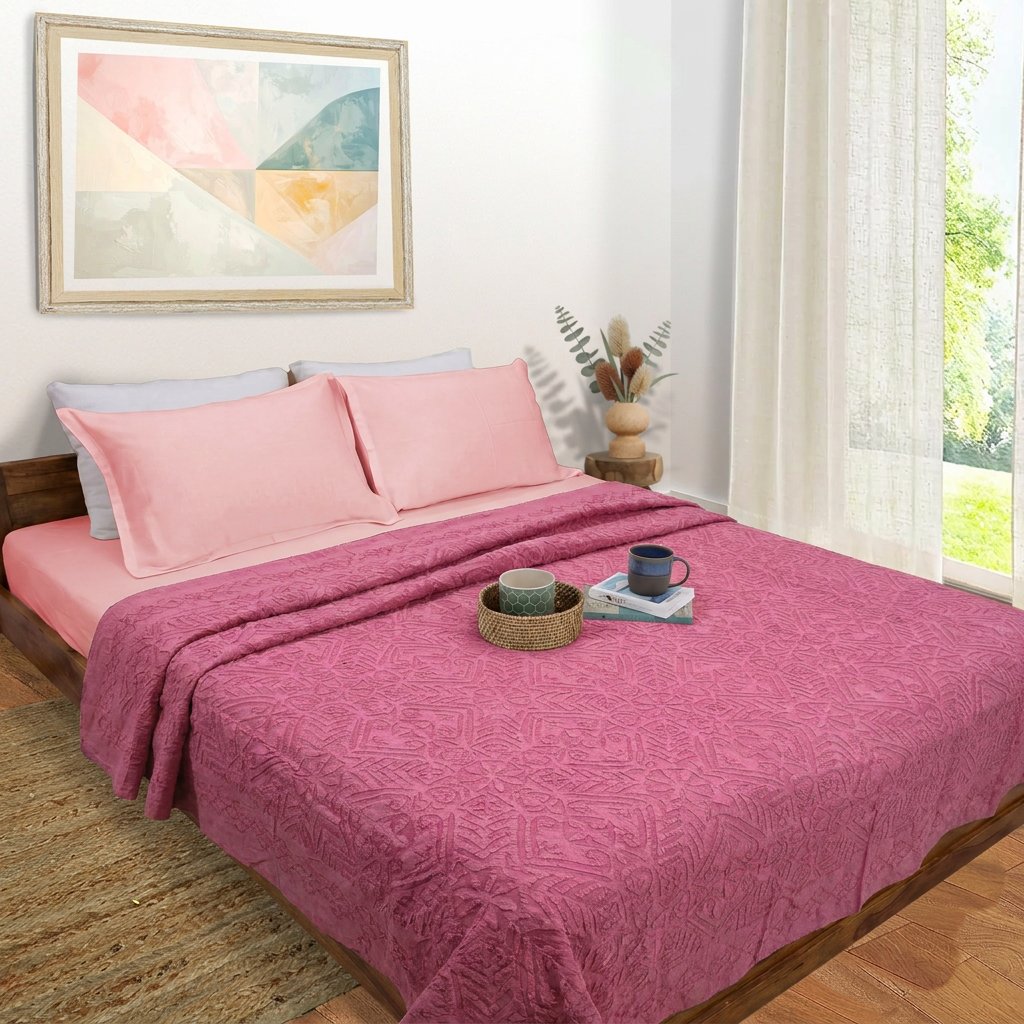 Pink Applique | All- Season Bedding Set | Premium Fitted Sheet , Pillow Covers, Applique Bedcover