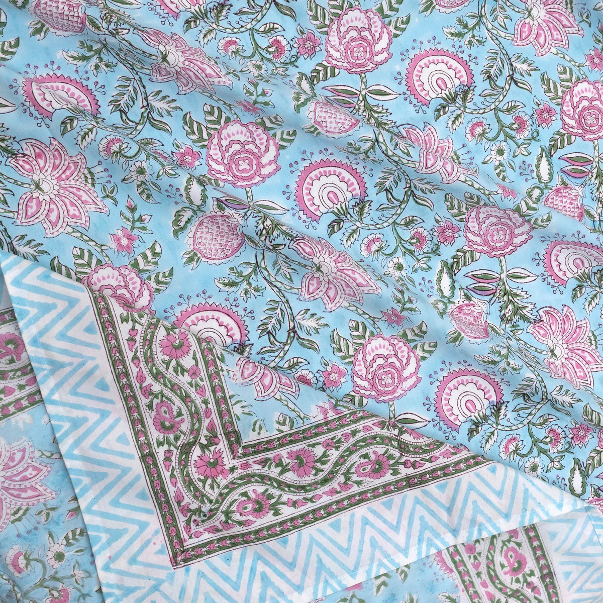 Pink Florals on Blue  |  Premium Bedsheet