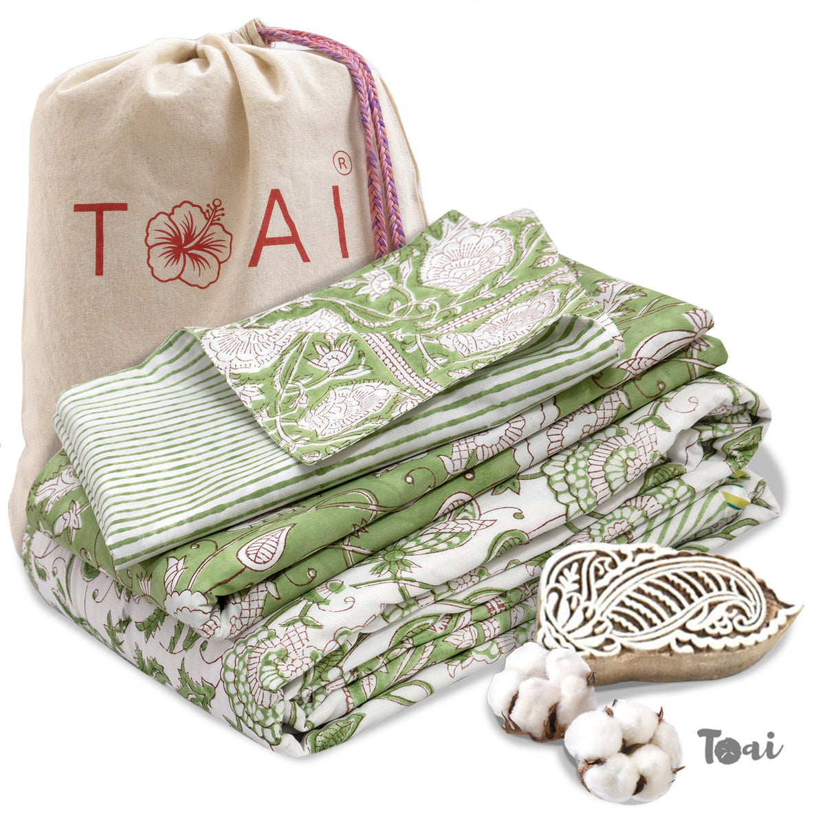 Green Kalamkari| All- Season Bedding Set | Premium Bedsheet , Pillow Covers, Dohar