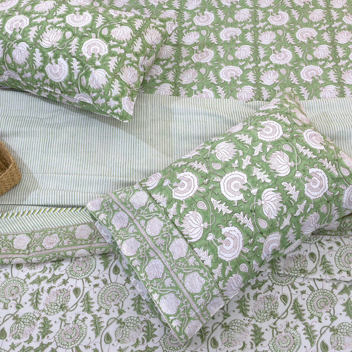 Green Kalamkari| All- Season Bedding Set | Premium Bedsheet , Pillow Covers, Dohar