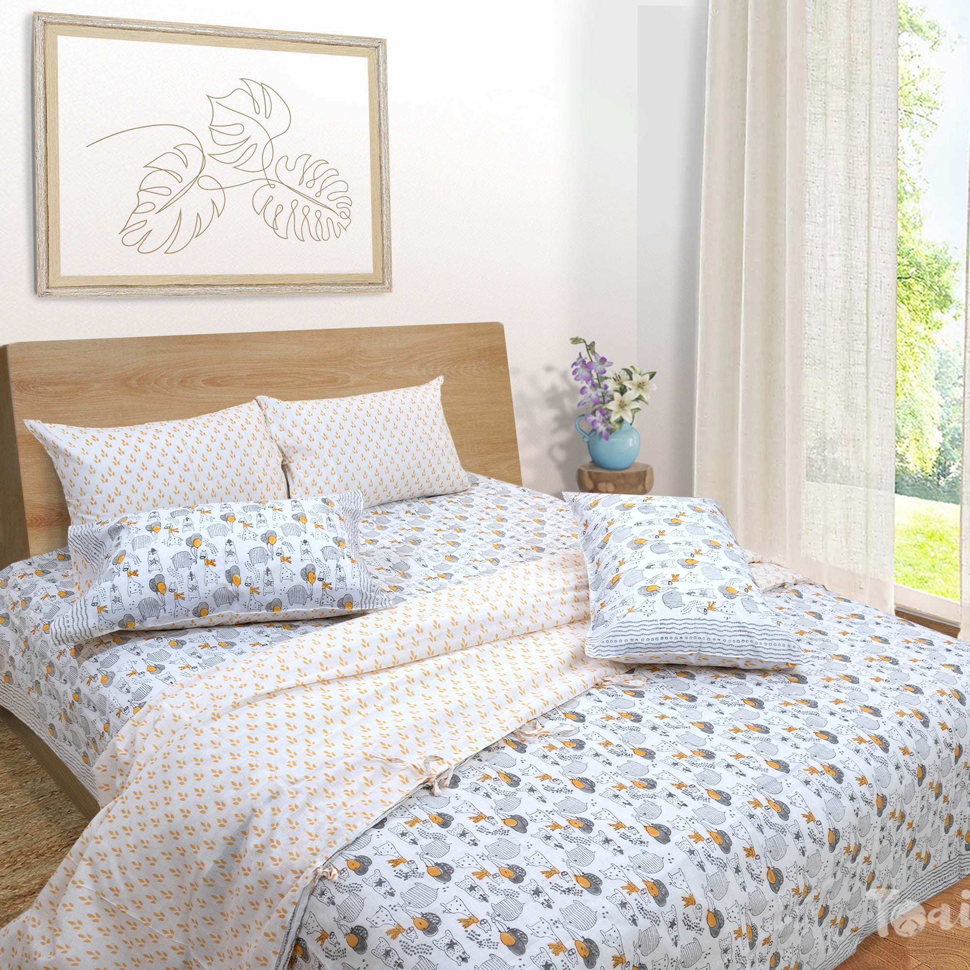 Grey Cartoon |All- Season Bedding Set | Premium Bedsheet , Pillow Covers, Duvet Razai Blanket Cover