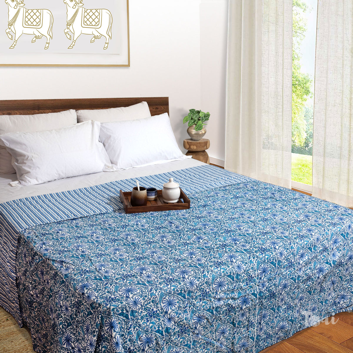 Blue Jungle| Jaipuri Screen printed| Double Dohar | Premium Mulmul Cotton | Reversible