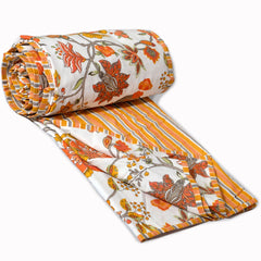 Yellow Orange Florals on White| Jaipuri Screen printed| Single Dohar | Premium Mulmul Cotton | Reversible