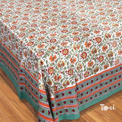 Orange, Red and Green florals on White |hand block printed bedsheet| Double bed ,Queen size | 210 TC Pure Cotton| Complementing pillow covers