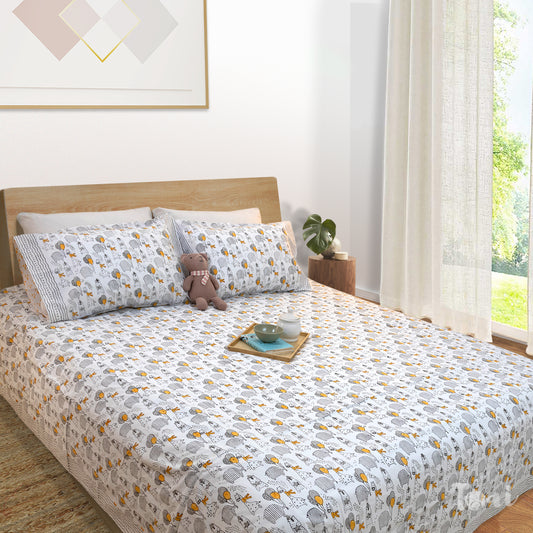 Grey Cartoon | 300TC Bedsheet | 2 Pillow Covers | Mulmul Cotton Dohar