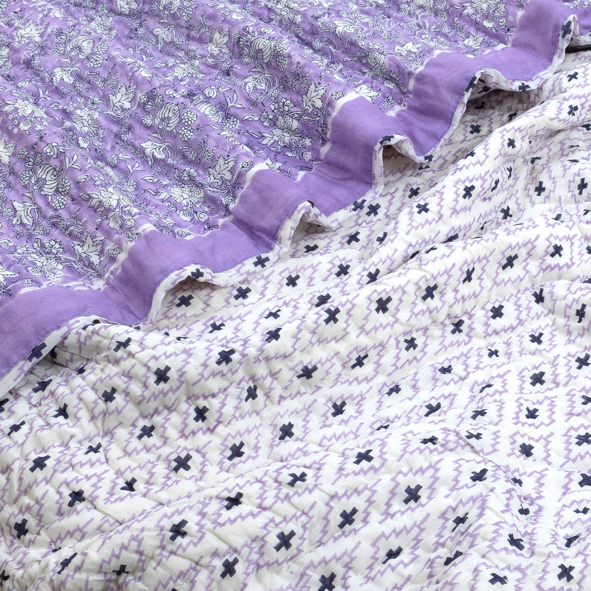 Lavender Kalamkari| Comforter Bedding Set | Premium Bedsheet , Pillow Covers, Quilt / Razai