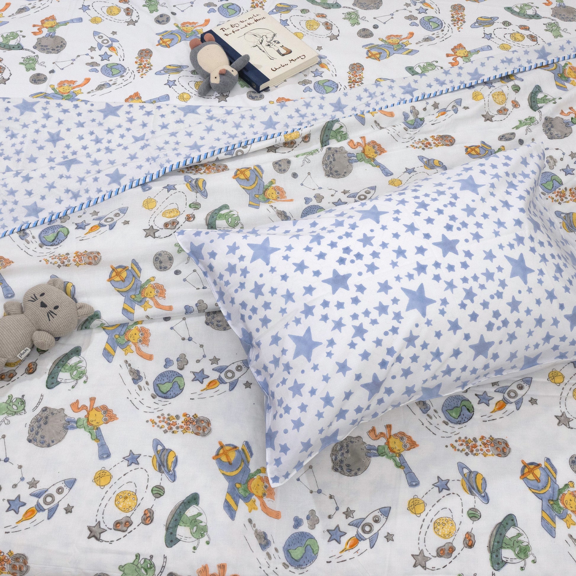 Space Boy-Hand Block Printed for Kids Bedding Set
