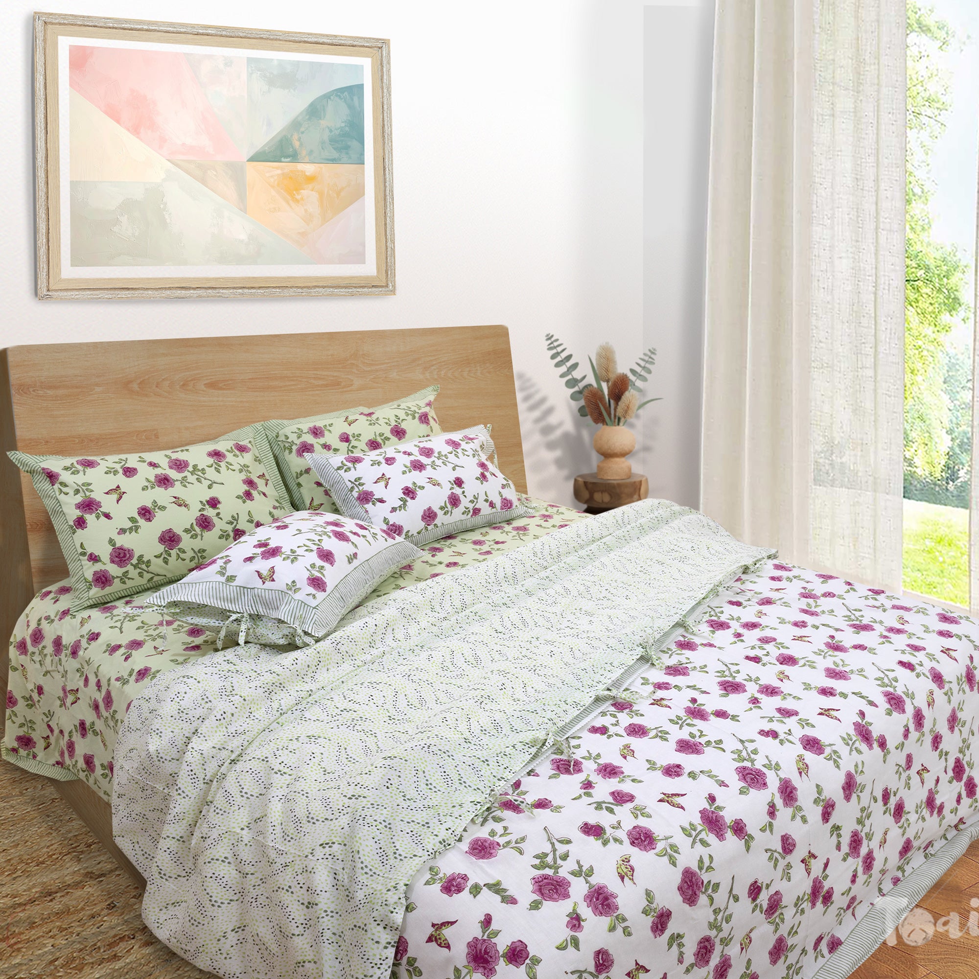 Rose Meadow |All- Season Bedding Set | Premium Bedsheet , Pillow Covers, Duvet Razai Blanket Cover