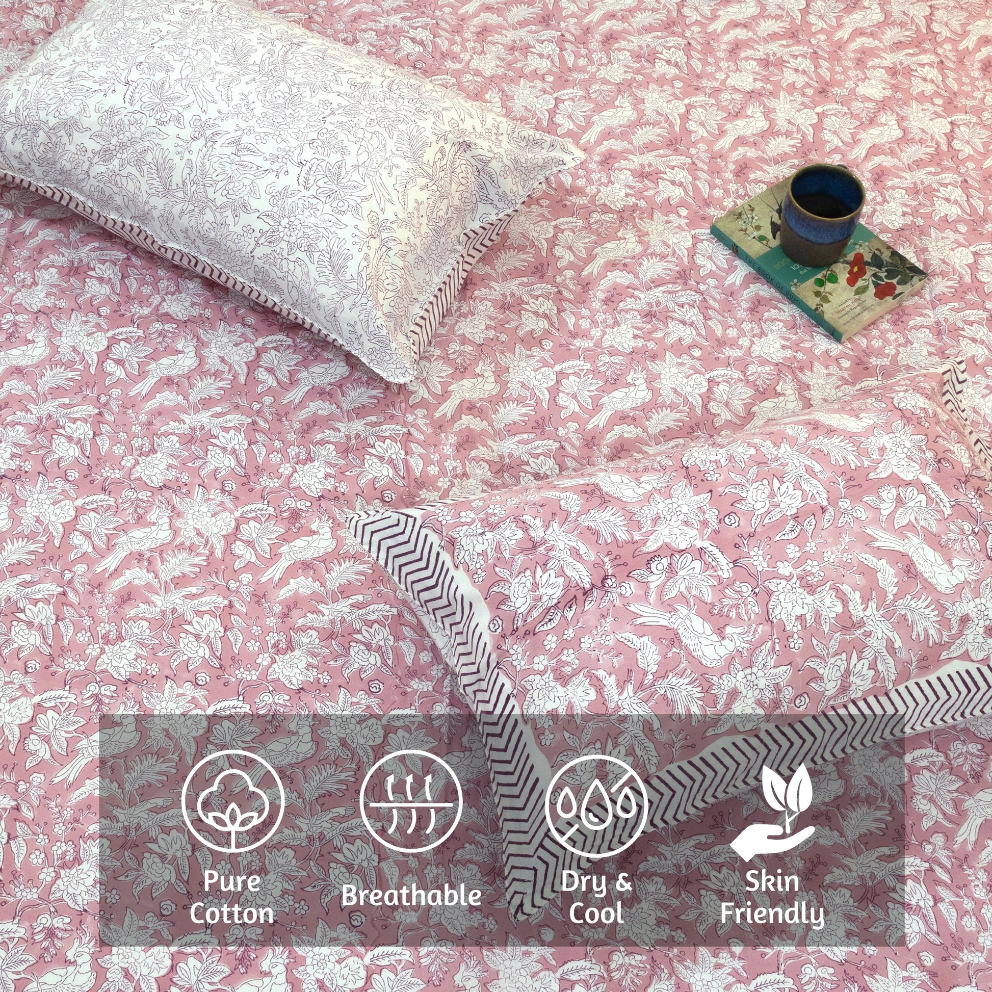 Pink Bird Kalamkari  - Reversible Pillow Covers with bed sheet