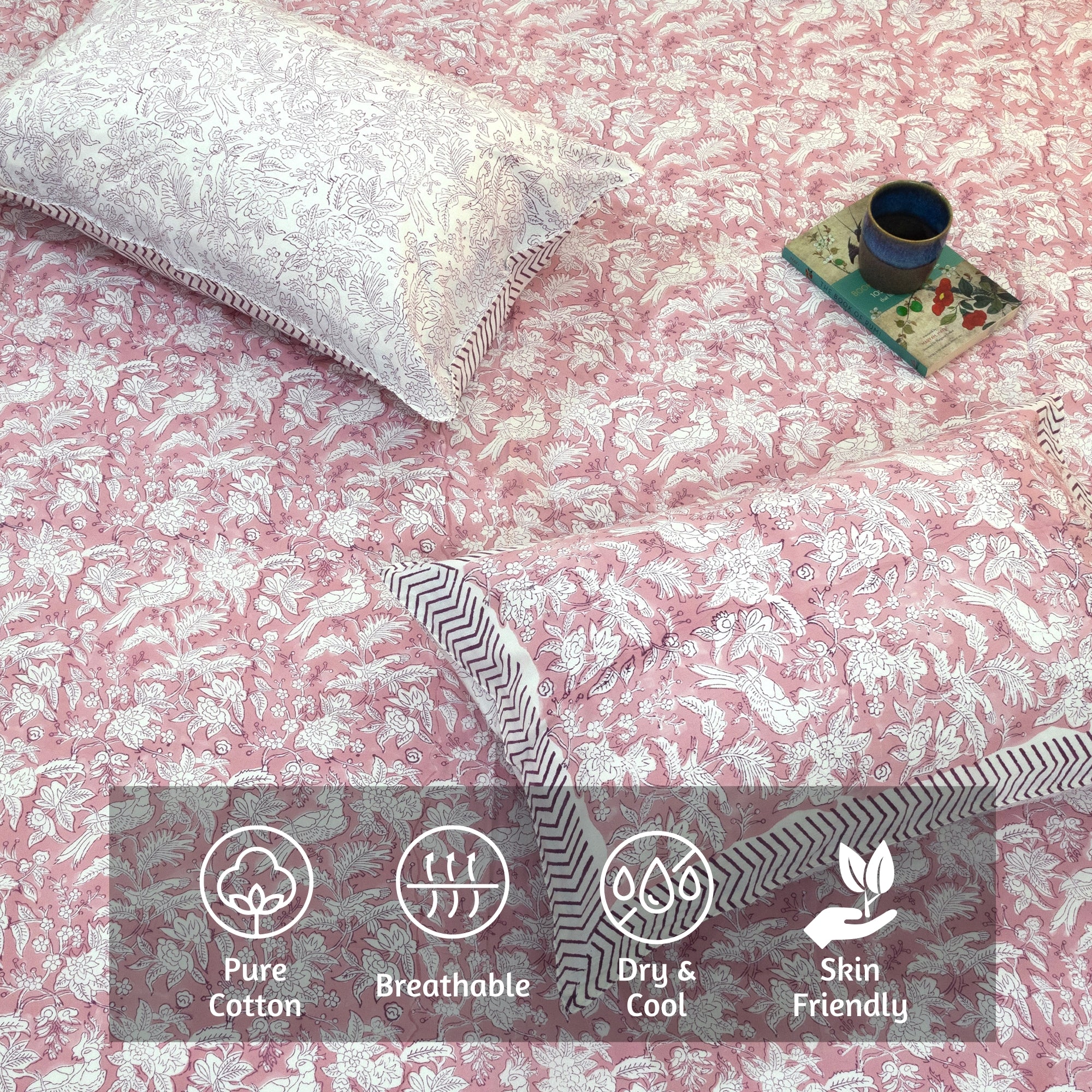 Pink Bird Kalamkari  - Reversible Pillow Covers with bed sheet