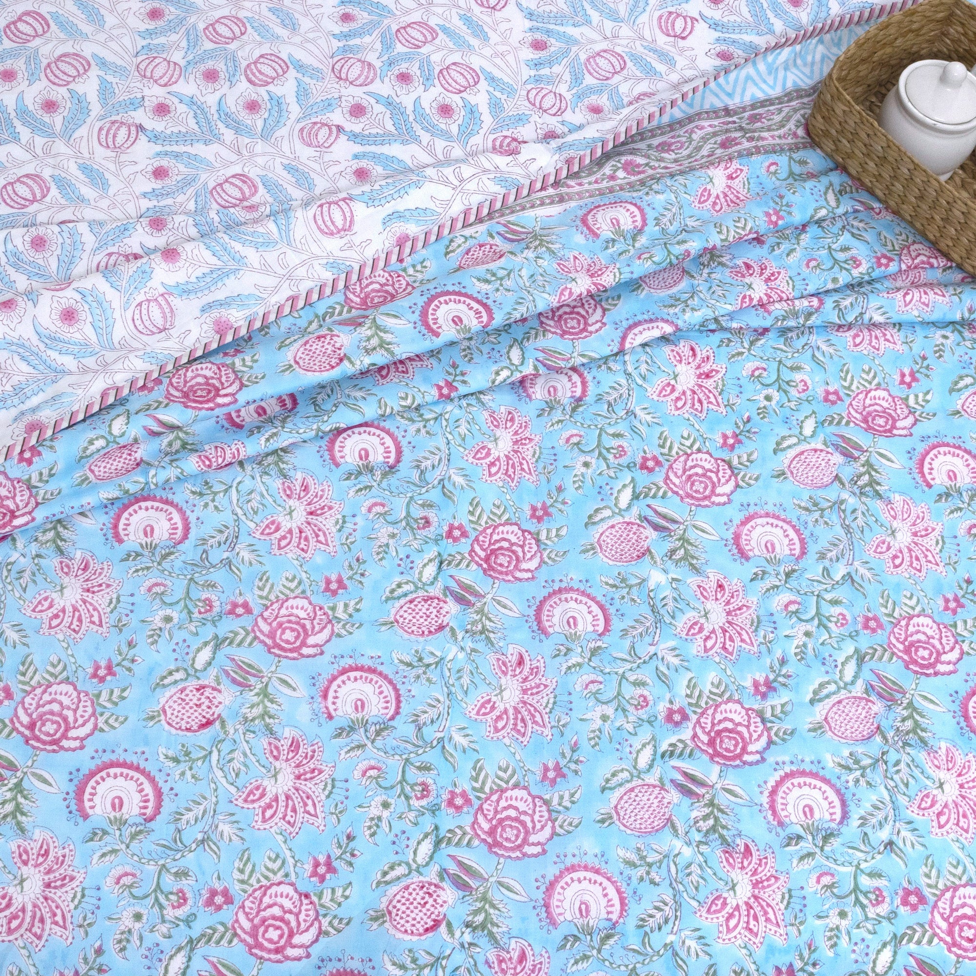 Pink Florals on Blue   | Dohar | Summer Blanket