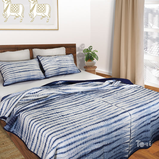 Indigo Smoke|Quilted Bed cover |Shibori, Tie-&-Die|Double Bed- Queen Size| Premium Mulmul Cotton| Organic Cotton Sheet Filling |Complementing pillow covers