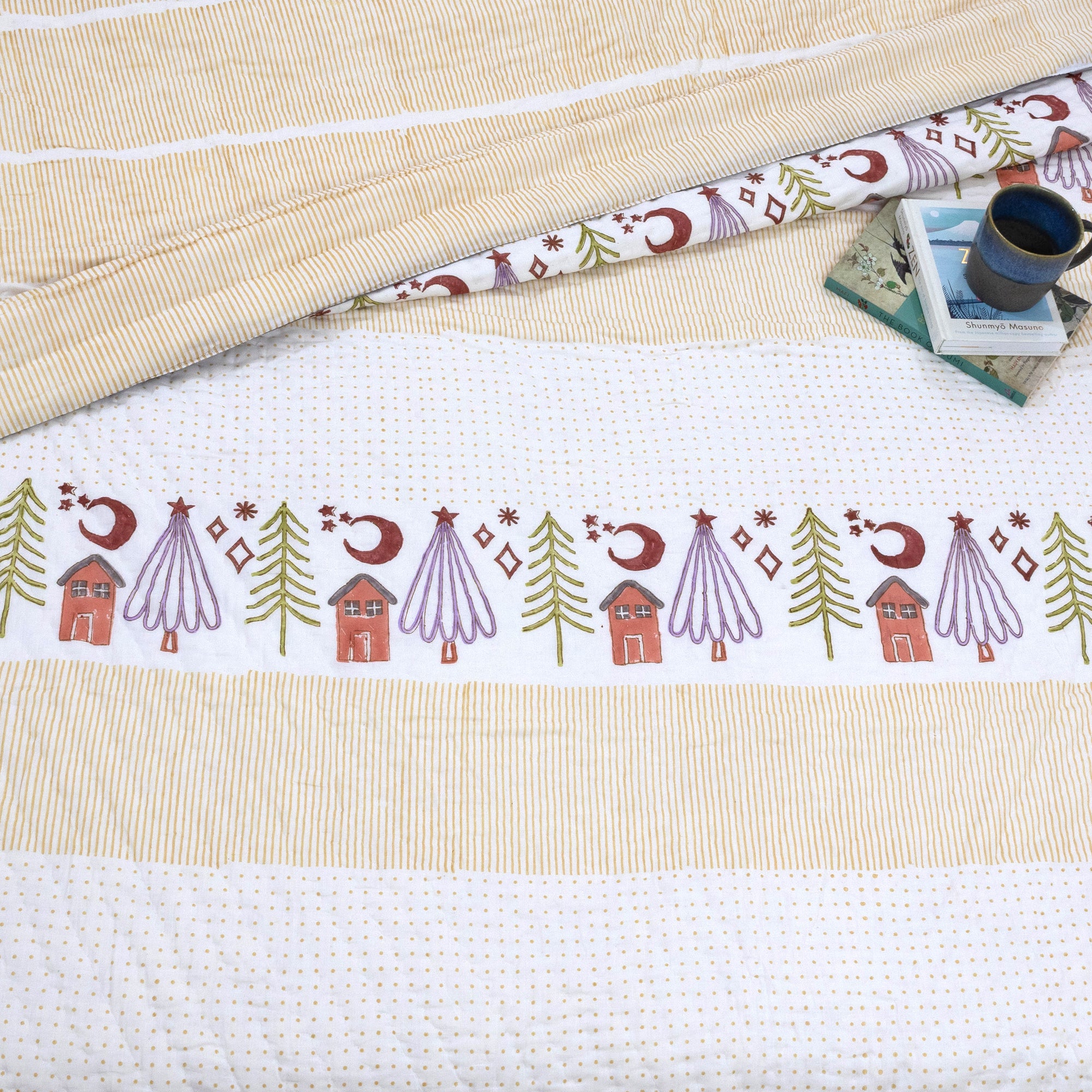 Yellow Polka |Comforter Bedding Set | Premium Bedsheet , Pillow Covers, Quilt / Razai