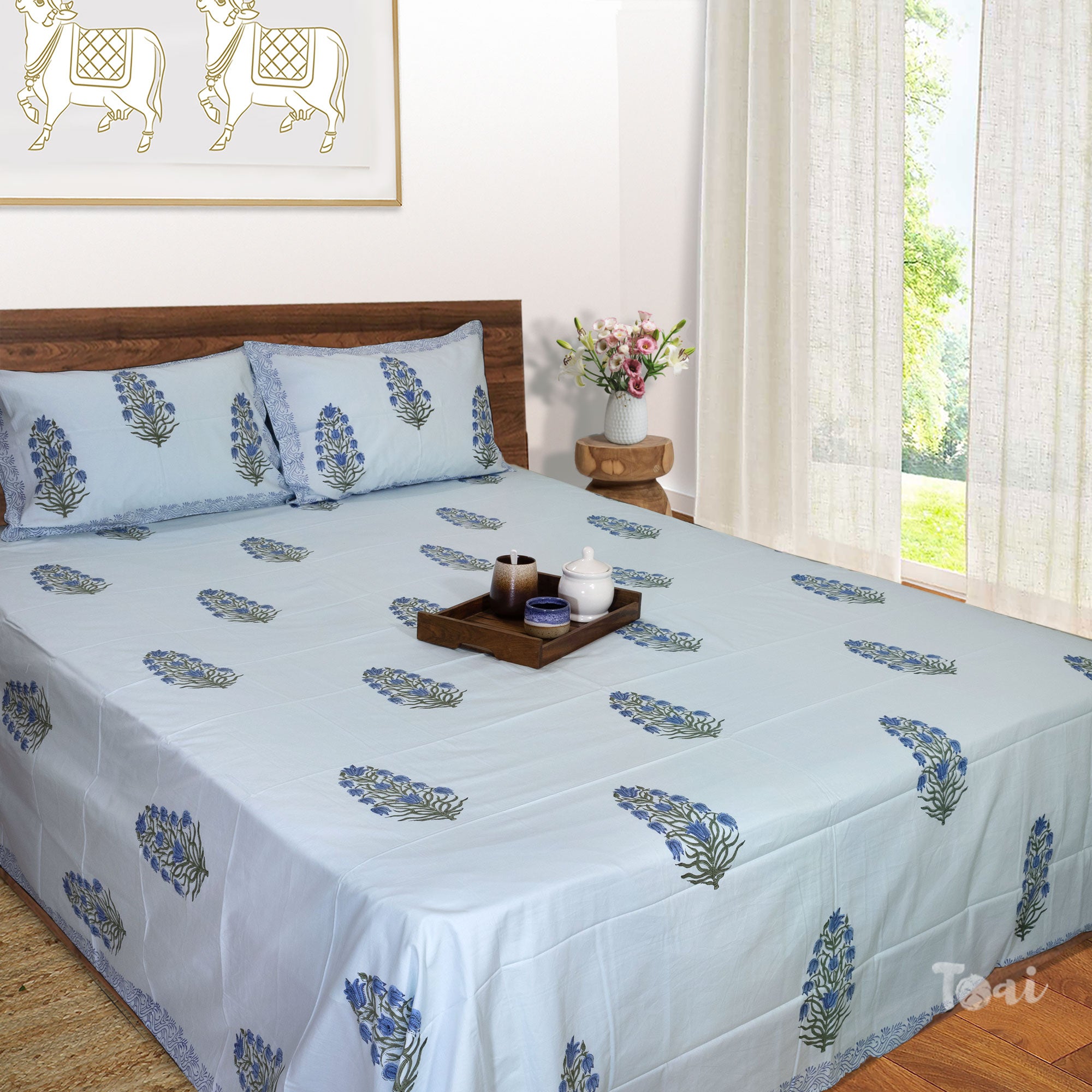Blue Tulips on Blue | Premium Bedsheet