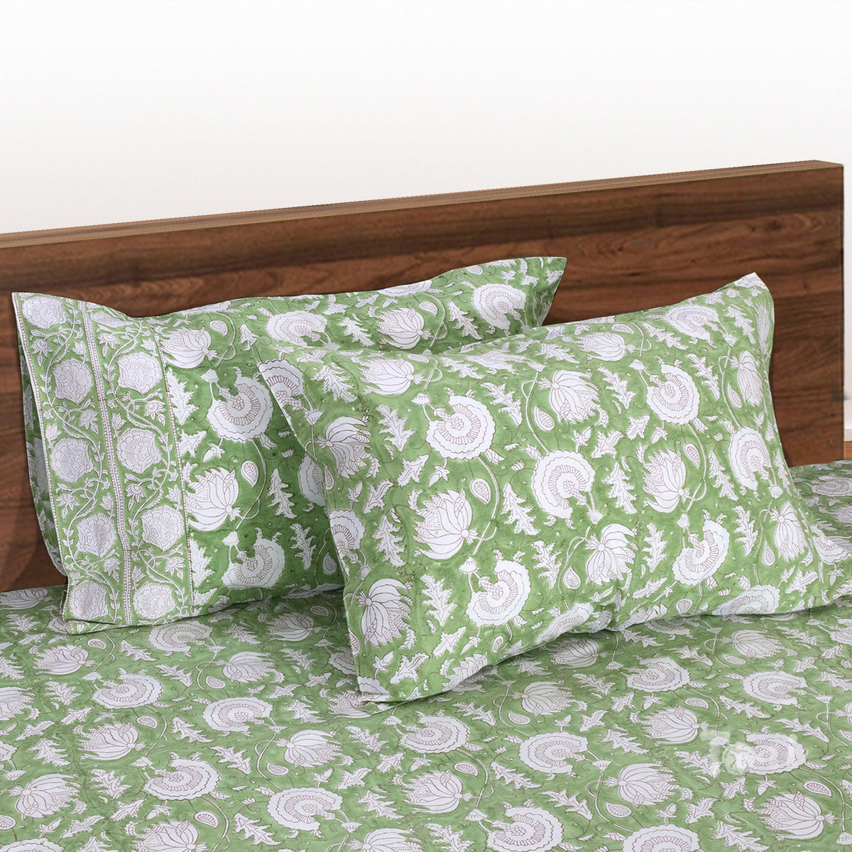 Green Kalamkari| All- Season Bedding Set | Premium Bedsheet , Pillow Covers, Dohar