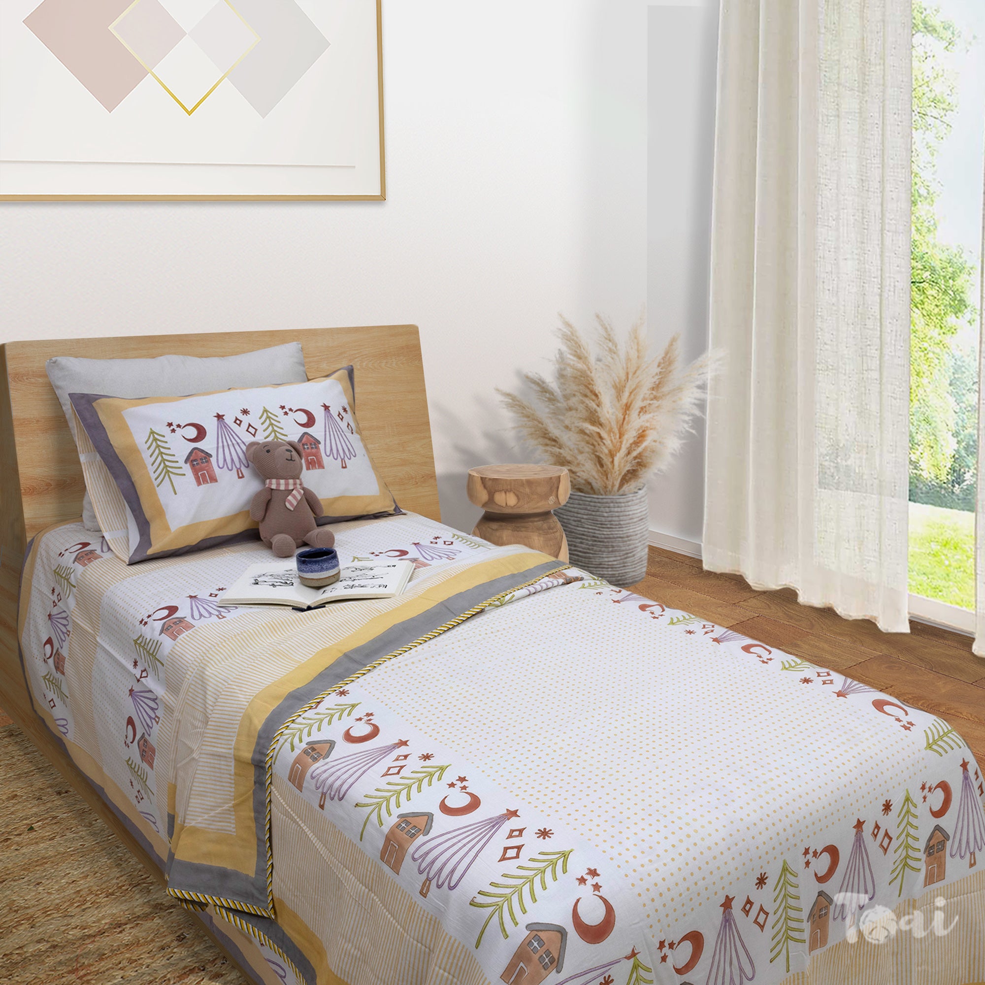 Yellow Polka |All- Season Bedding Set | Premium Bedsheet , Pillow Covers, Dohar