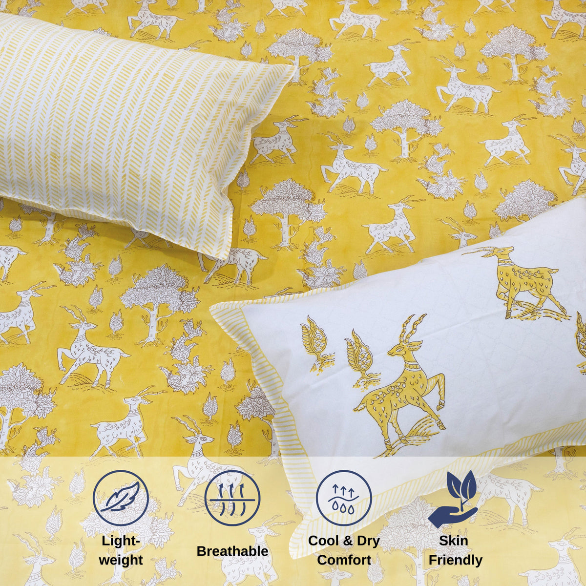 Yellow Deer Kalamkari | Premium Bedsheet