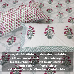 Pink and Green Jaal |hand block printed bedsheet| Double bed: Queen size, King Size | 300 TC Premium Pure Cotton| Complementing pillow covers