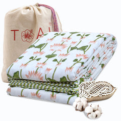Orange Green Lotus | Pure Mulmul Cotton | Flannel filling