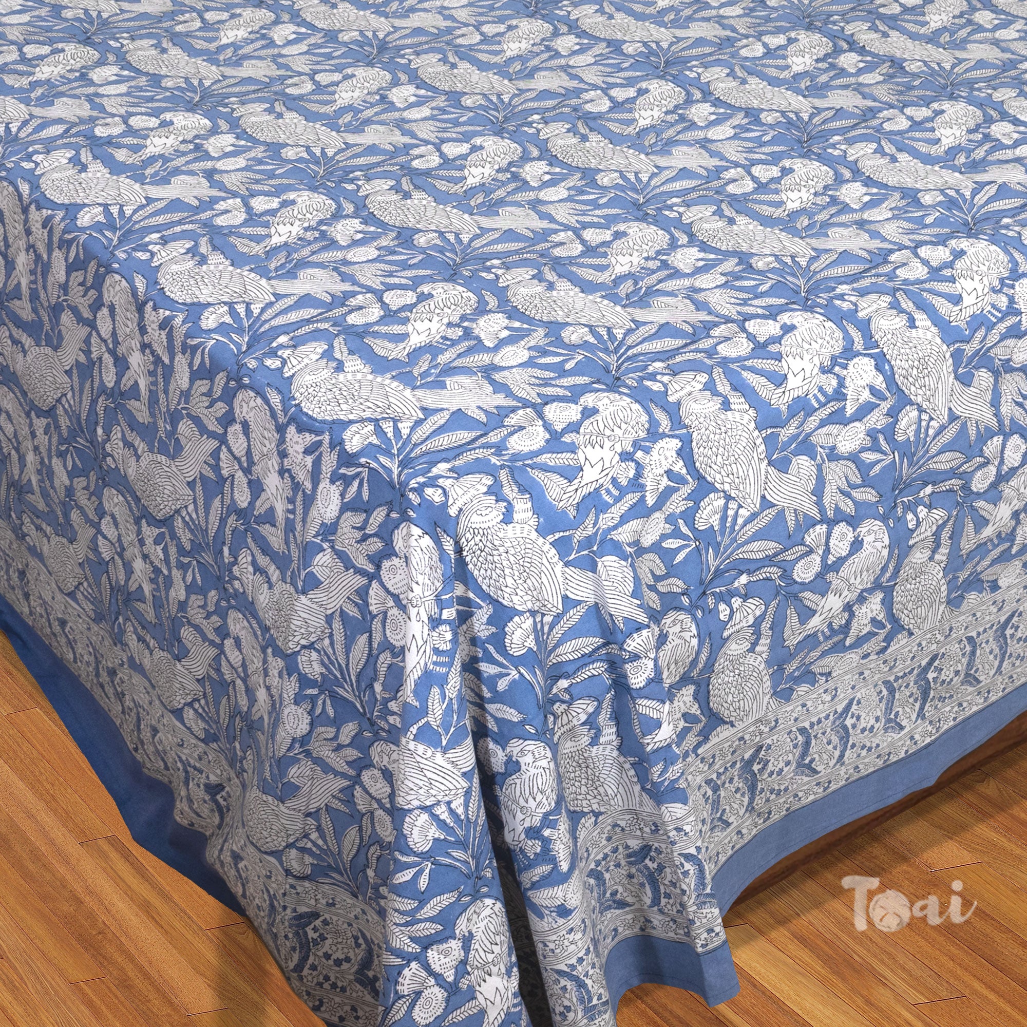 Blue White Parrots  - Printed Cotton Bedsheet