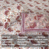 Rust Maroon florals on White |hand block printed bedsheet| Double bed ,Queen size | 210 TC Pure Cotton| Complementing pillow covers