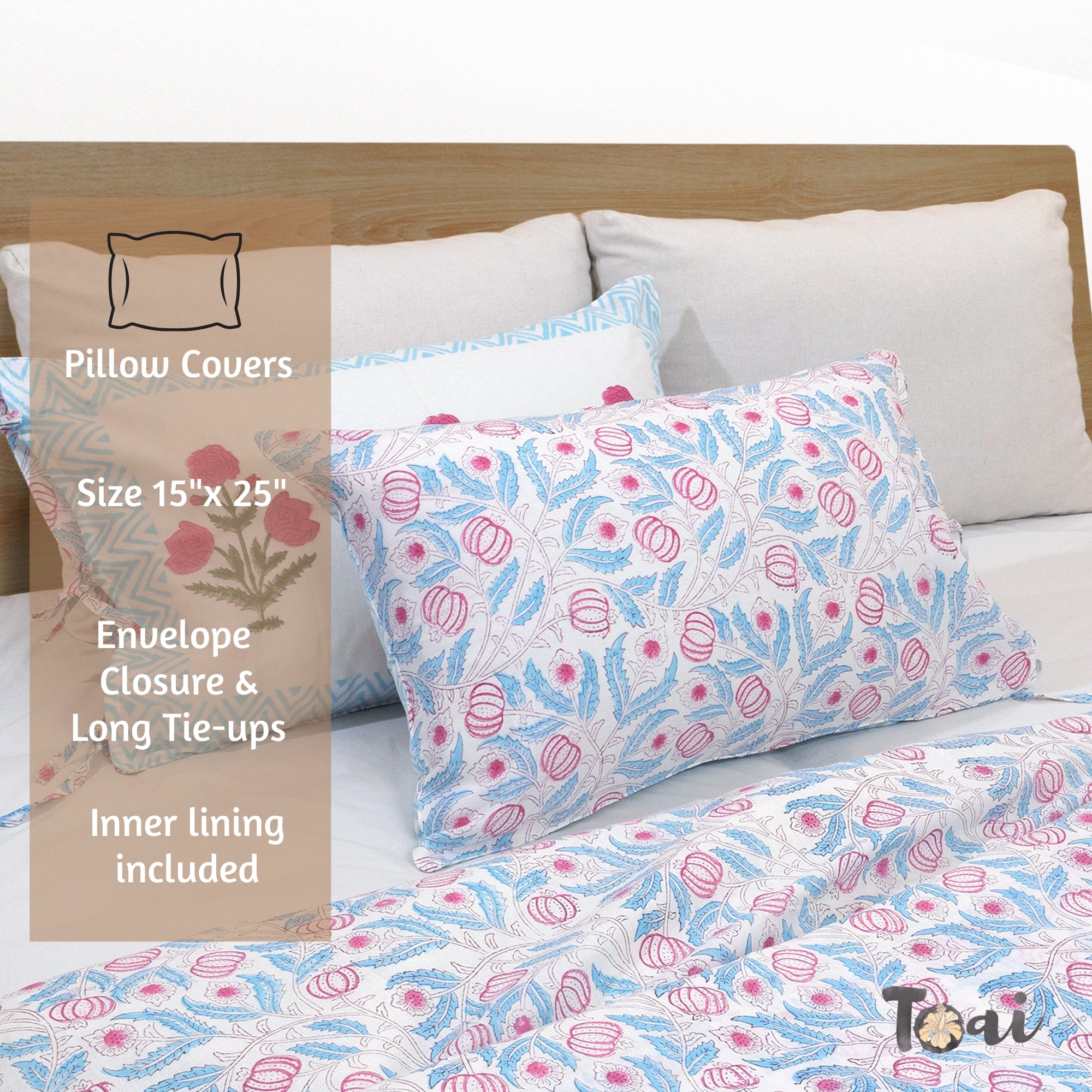 Pink Florals on Blue | Quilt Duvet Cover with Pillow Covers