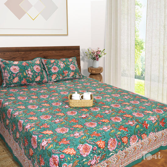 Pink Orange Flowers on Deep Green |hand block printed bedsheet| Double bed ,King size | 210 TC Pure Cotton| Complementing pillow covers