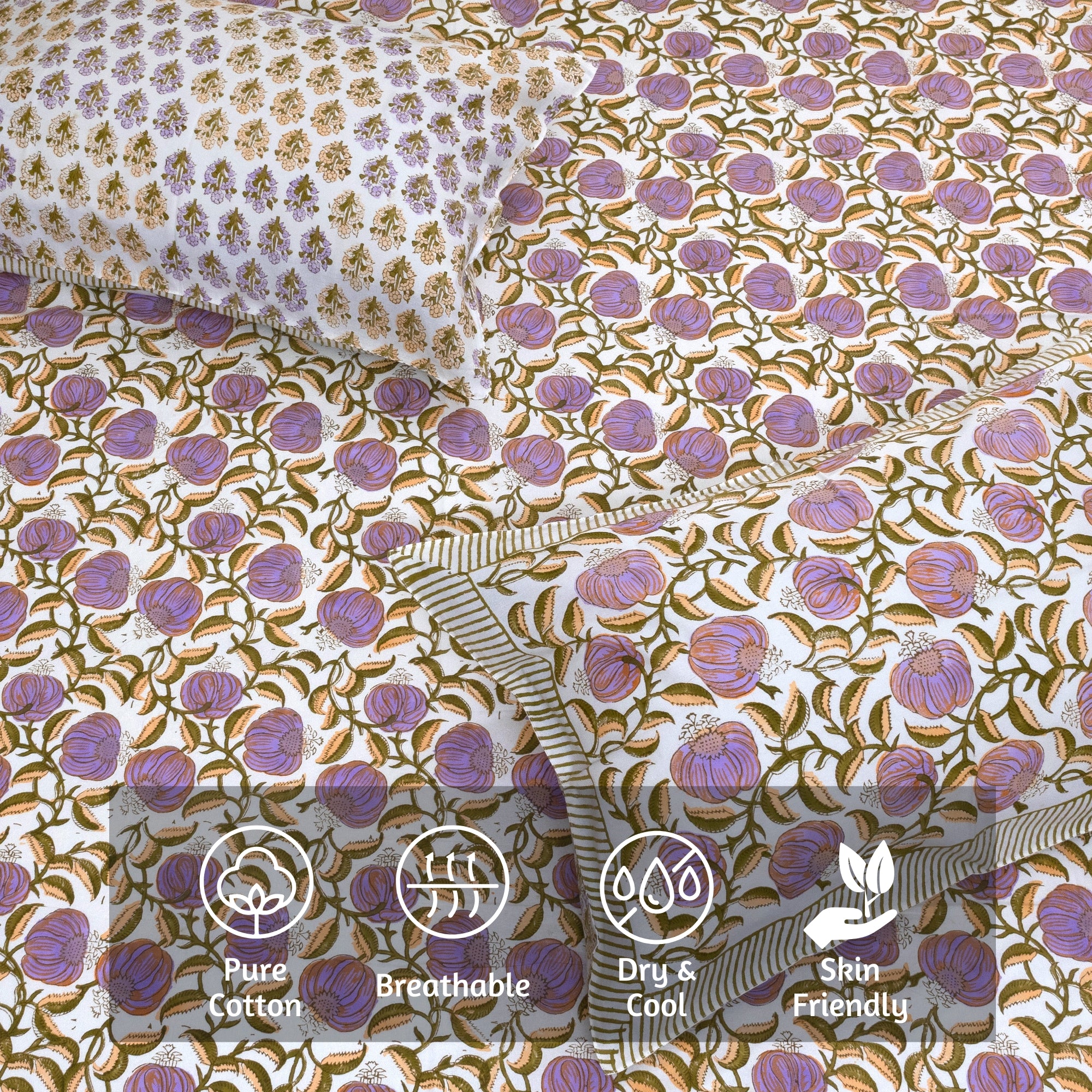 Round Florals On Green  - Reversible Pillow Covers with bed sheet