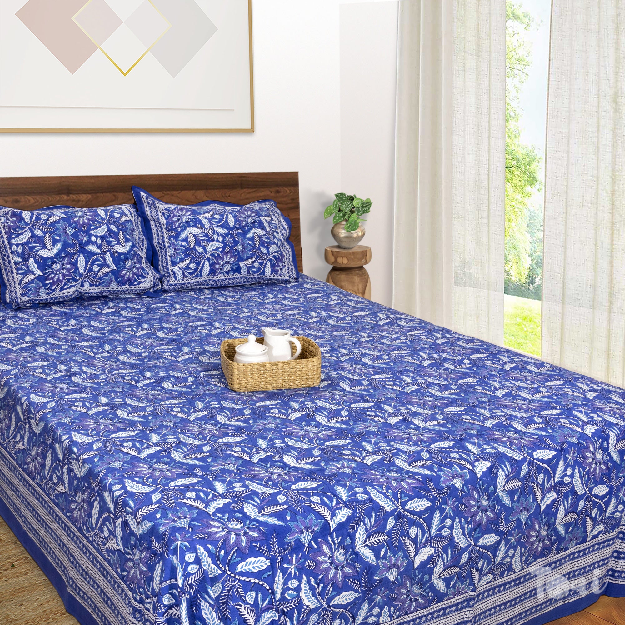 Royal Blue, Purple and White Florals |hand block printed bedsheet| Double bed ,Queen size | 210 TC Pure Cotton| Complementing pillow covers
