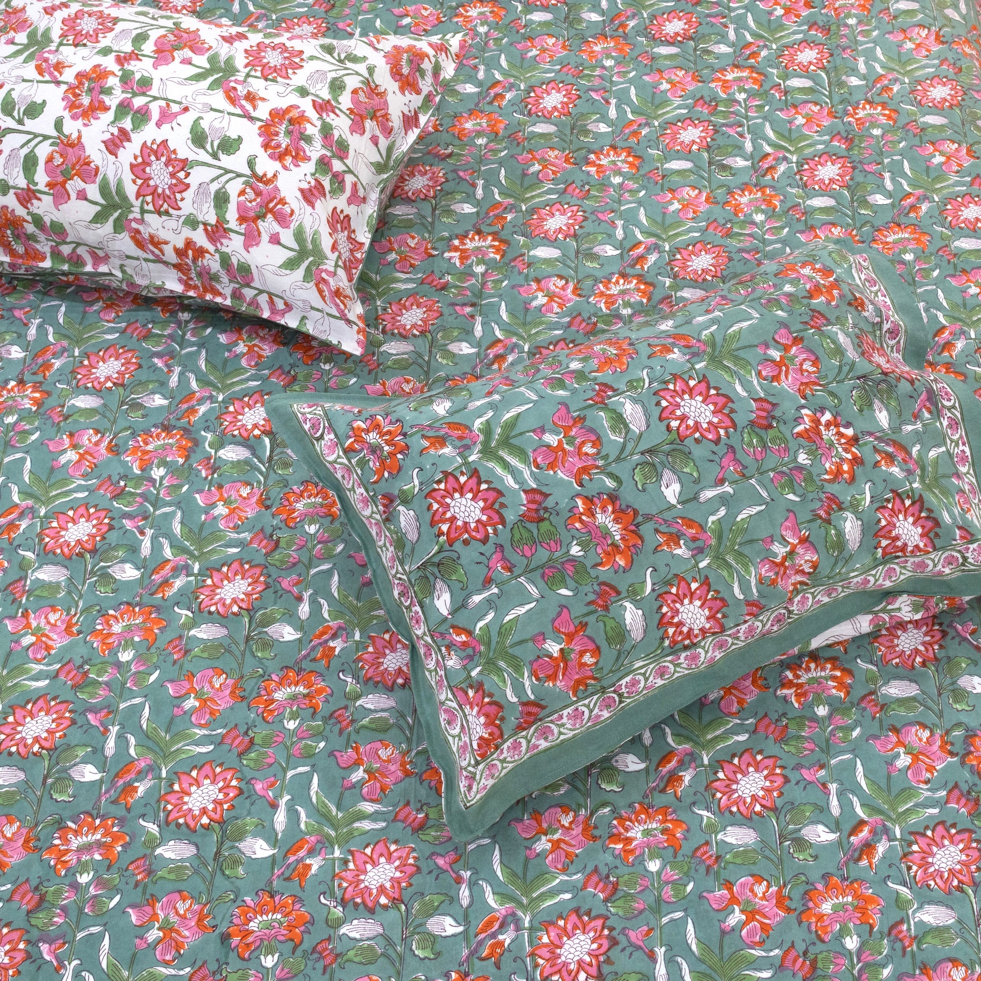 Pink Florals on Deep Green | Fine Quality Bedsheet