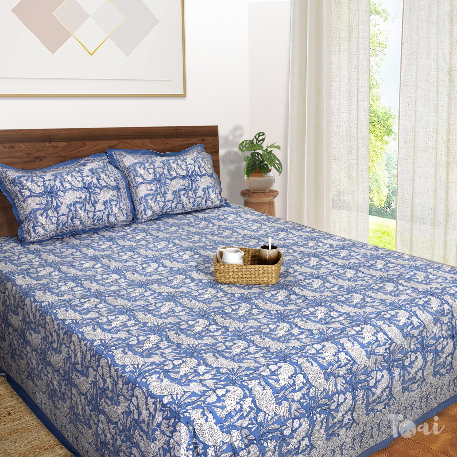 Blue White Parrots  - King Queen Cotton Bed sheet