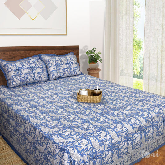White Parrots on Blue |hand block printed bedsheet| Double bed ,King size | 210 TC Pure Cotton| Complementing pillow covers